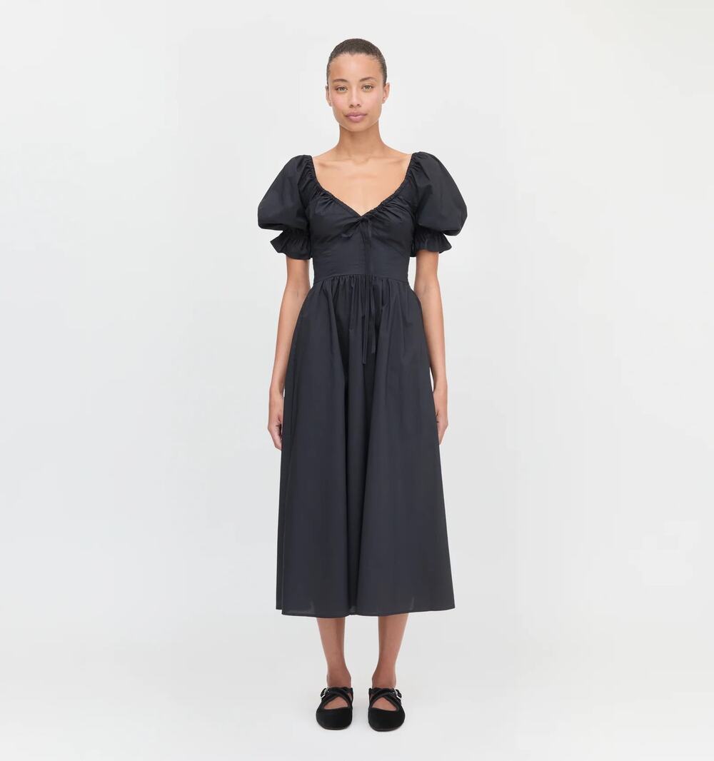 Hill House The Ophelia Black Puff Sleeve Smocked Corset Poplin Midi Nap Dress S